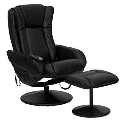 Massaging Black Leather Recliner and Ottoman